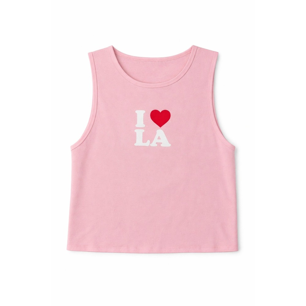 Hi Res Tank Top Women Large Pink I Heart LA Graphic Cropped Muscle Tee Cotton